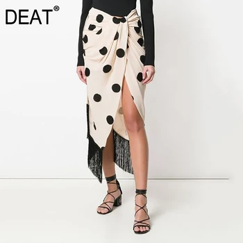 

DEAT 2021 New Spring Summer High Elastic Waist Black Dot Printed Tassels High Vent Half-body Skirt Women Fashion Tide JT763