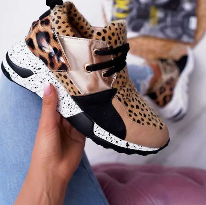 

Women Casual Shoes 2020 New Breathable Ladies Sneakers Leopard Print Faux Fur Sneakers Lace-up Platform Sports Shoes Women