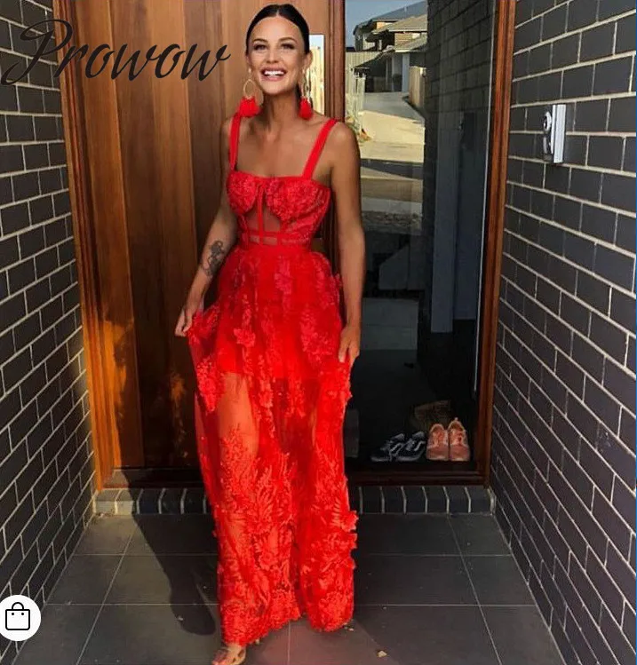 

Prowow 2020 Runway Good Quality Red Balck Spaghetti Strap Lace Embroidery Bandage Dress Elegant Floral Mesh Fashion Party Dress