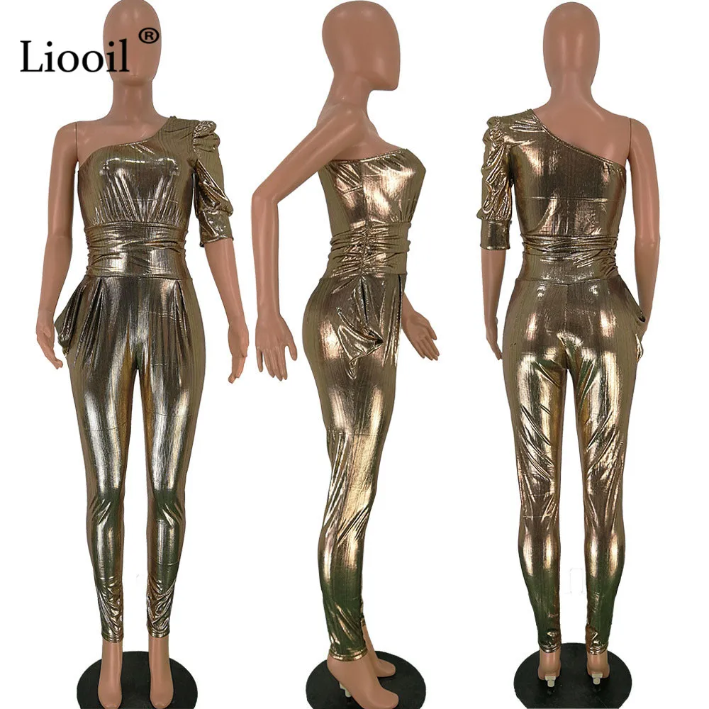 Liooil сексуальные женские комбинезоны на одно плечо золотого и серебристого цвета, вечерние комбинезоны с пышными рукавами, Клубные комбинезоны, обтягивающие боди, черные комбинезоны