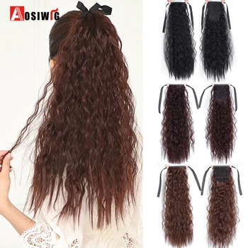 

AOSIWIG Long Curly Ponytail Hair Ribbon Drawstring Wrap Hair Tail Clip In Ponytail Extensions Heat Resistant Synthetic Fake Hair