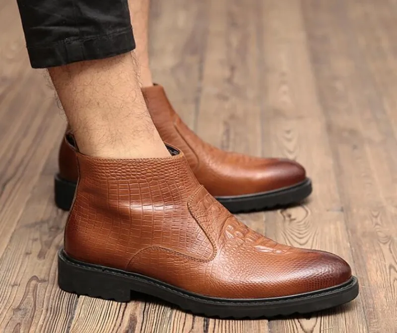 Winter Fleece Lining Warm Mens Genuine Leather Chelsea Boots British Pointed Toe Zipper Thick Bottom Male High Top Ankle Boots