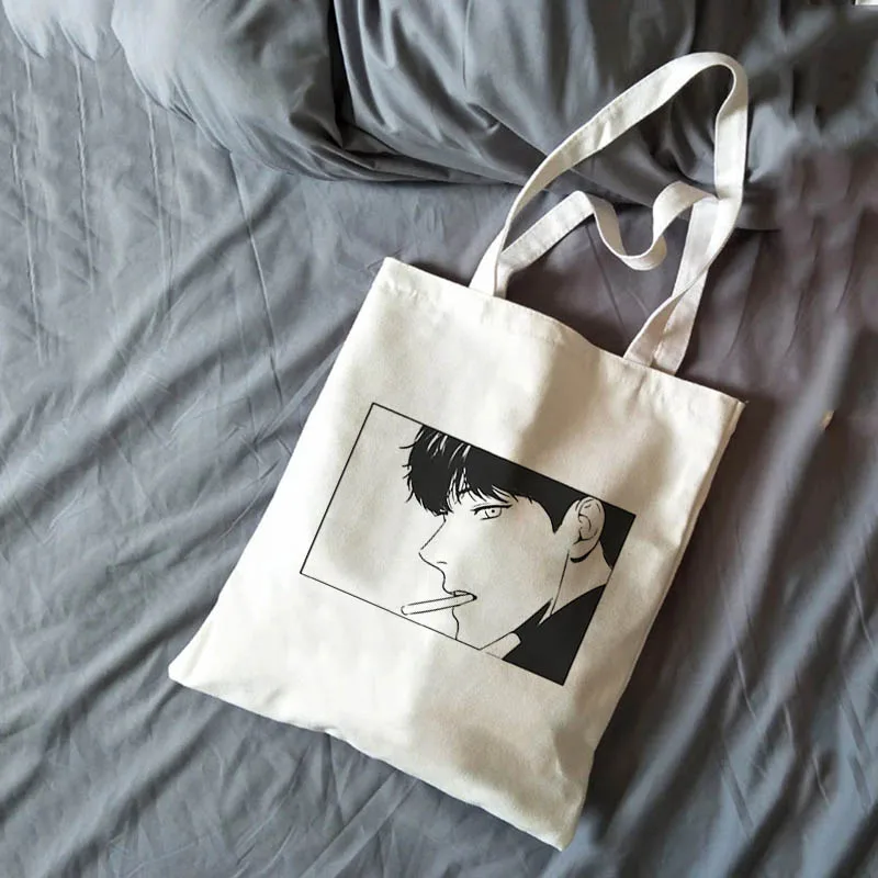 Bolso de compras Ulzzang Bj para mujer, bolsa de lona con estampado de dibujos animados, informal, Harajuku, Punk, 2020