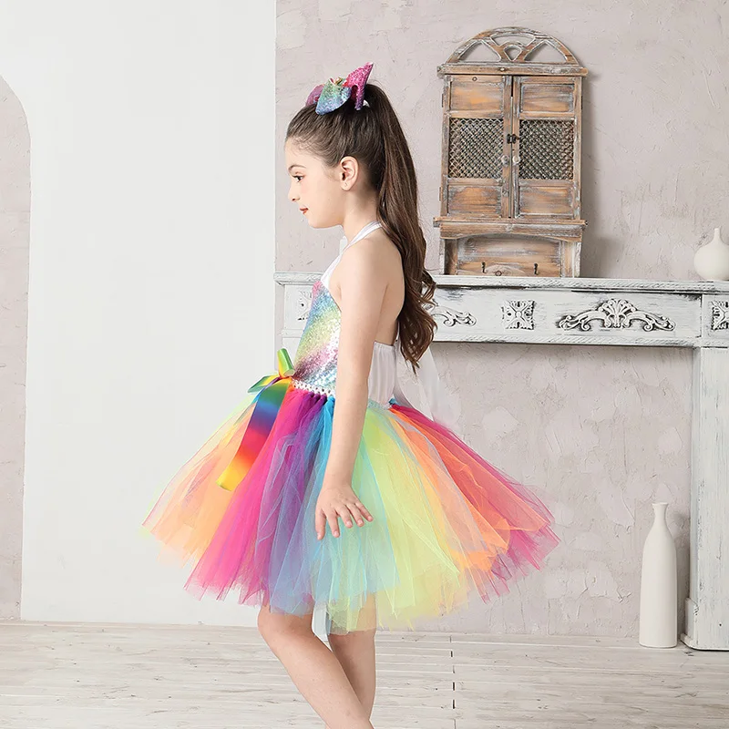 Rainbow Sequins Girl Princess Tutu Dress Kids Wedding Birthday Party Pageant Tulle Dresses Vestidos Children Bow Clothing (7)