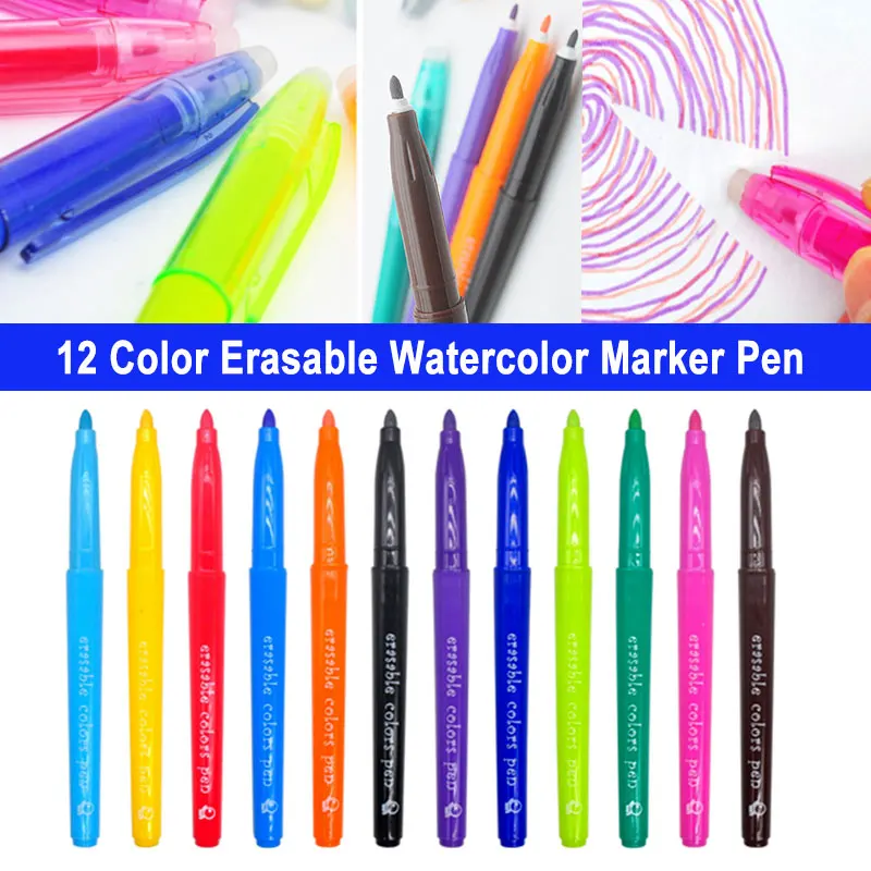 12 Color Erasable Watercolor Marker Pen Art Washable Water-color Brush For Children Graffiti Drawing Painting Office Stationery marie’s12ml12 18 24 36 color gouache paint set artist student art graffiti paint washable environmentally friendly paint