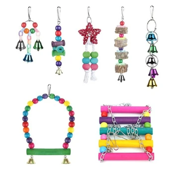 

OOTDTY 7Pcs/Set Bird Parrot Swing Chew Toy Colorful Beads Bells Pet Cage Hanging Hammock for Parakeets Finches Lovebirds