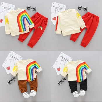 

2019 Children's Sets Baby Boys Long Sleeve Rainbow Print Autumn Sweatshirt Tops+Pants Trouser Costume Set New
