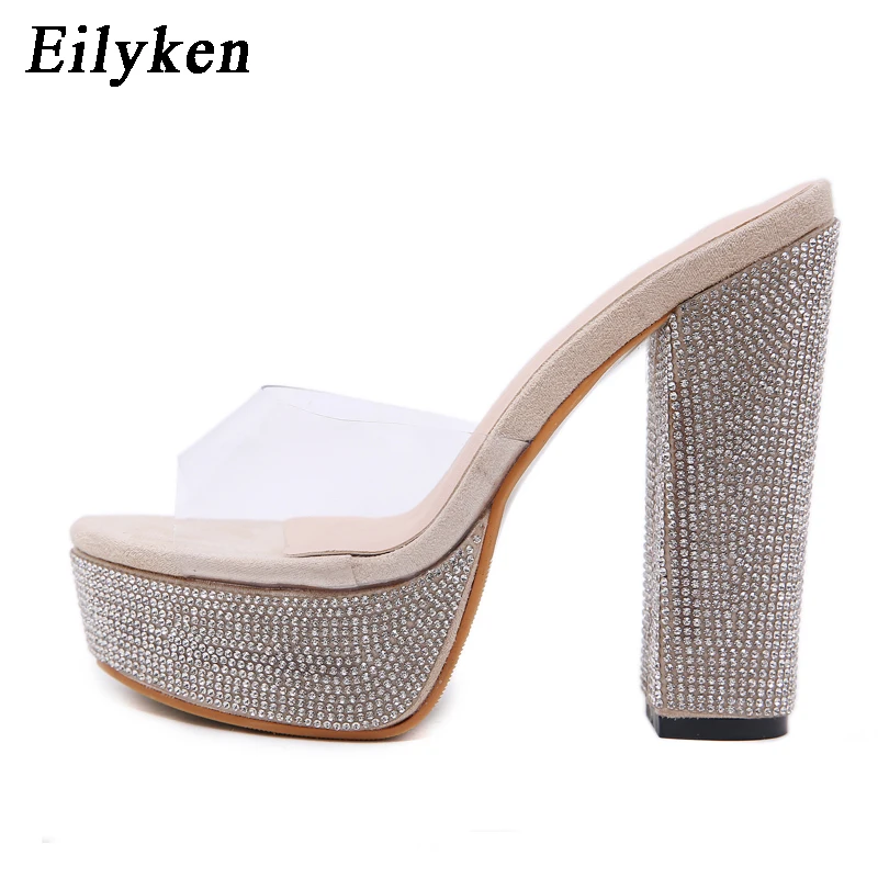 EilyKen/шлепанцы на платформе и каблуке; женские прозрачные шлепанцы; шлепанцы на высоком каблуке 14 см со стразами; модные туфли-лодочки без застежки; цвет черный, абрикосовый