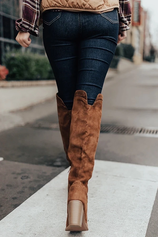 Oeak/ г. Женские Сапоги выше колена зимняя обувь на толстом каблуке пикантные женские сапоги из эластичной ткани с острым носком Размеры 35-43