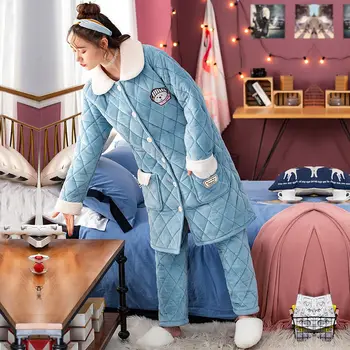 

Winter Pajamas Plush Women Sleepwear Coral Velvet Nightgown Plus Size Robe Thermal Pantsuit Fashion Home Wear long Sleepwear