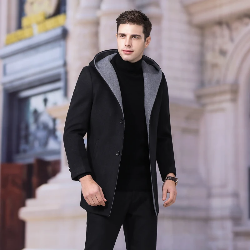 Promotion Men's Coat Hooded Overcoat Casual Trench Coat Winter Men Wool Men's Jacket Solid Men's Cashmere Coat Long Jacket Men Trench Wool