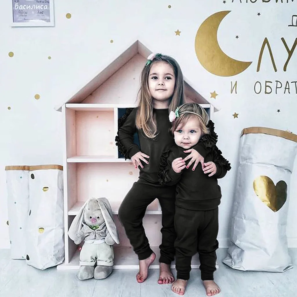

Toddler Kids Pajamas sets Baby Girls Long Sleeve Solid color Frill Tops and Solid Pants Outfits Children Casual Outfits Set