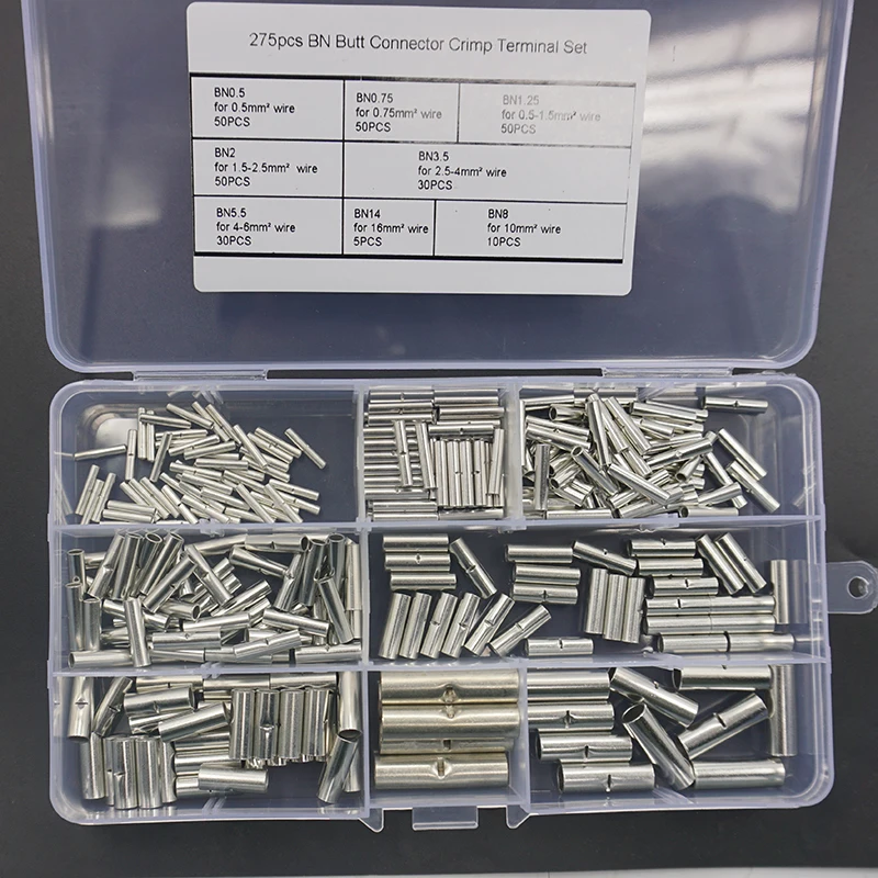 270/150Pcs BN0.5 BN1.25 BN2 BN3.5 BN5.5 BN8 Pure Copper Tinned Bare Splice Butt Connector Crimp Terminal Wire Kit with plier