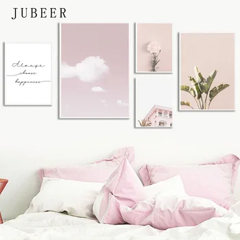 

Pink House Wall Art Flower Canvas Prints Wall Poster Canvas Paintings Decorative Pink Sky Clouds Cuadros Decoracion Dormitorio