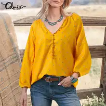 

Celmia Long Puff Sleeve Buttons Blusas Cute Shark Printed Loose Women 2022 Fashion Shirts Casual Spring Autumn V Neck Blouses