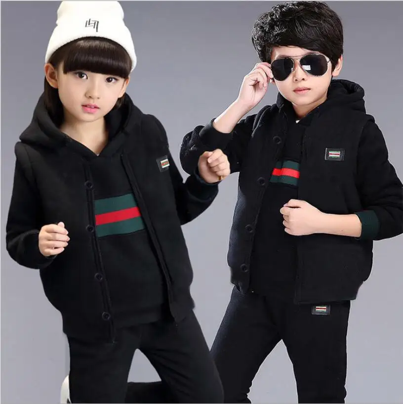 Autumn children's clothes boys and girls new children's sanitary clothes three-piece suit with velvet medium-sized children - Цвет: Черный