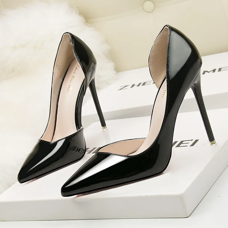 

Colors Fresh High Heels Patent Leather Stiletto Single Shoes Korean Sexy Pointed Pumps Black Professional Work Shoes X9X00215
