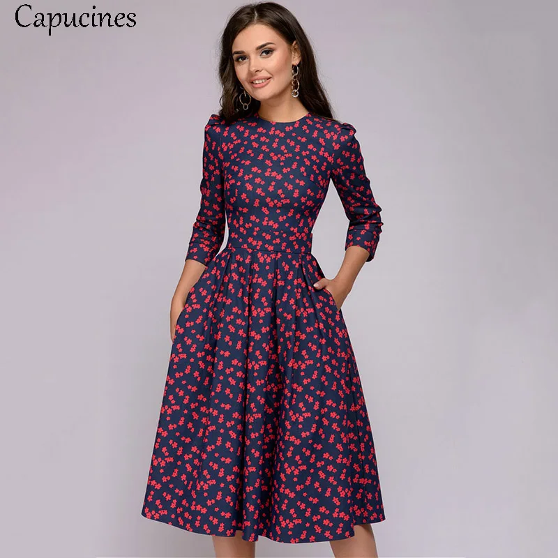 Red Flower Capucines Темно-синее платье Рукава 3/4 напечатанный Платье женское весна лето марочный карманный A-линии Повседневная Платье Elegent Бальные платья - Цвет: Red Flower