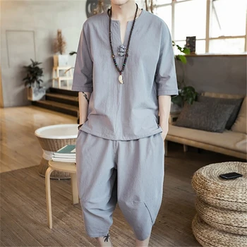 

2020 Man Linen Cotton Traditional Clothing Set Casual Summer Buckle Half Sleeve Tops Wide Leg Trousers Retro Kung Fu Shirts