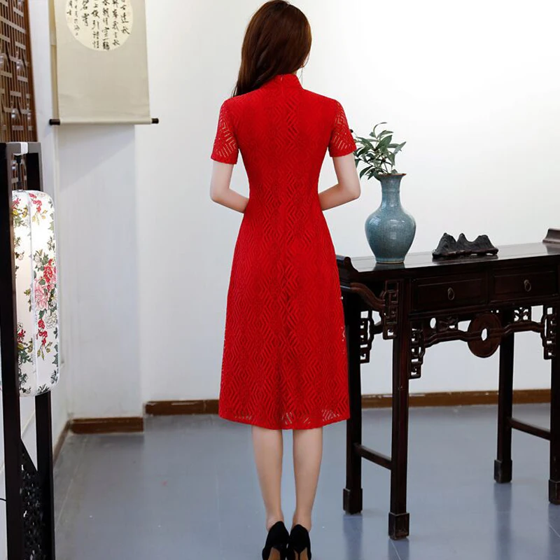 Короткое стильное Черное женское Мини Cheongsam летнее китайское кружевное тонкое элегантное платье Qipao Новое поступление Vestidos Размер M L XL XXL XXXL