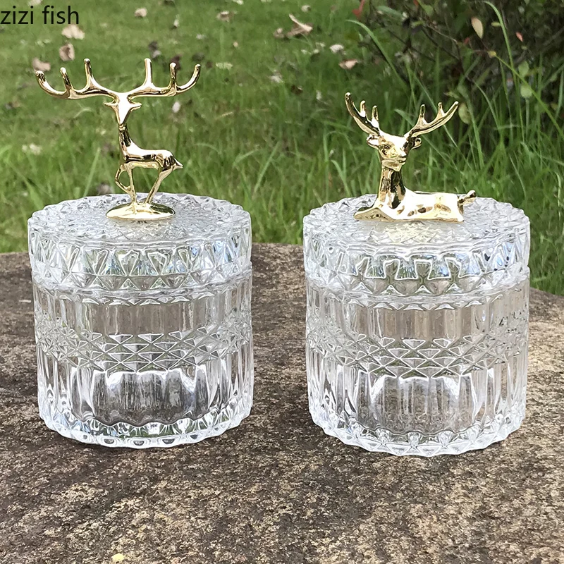 Green Glass Storage Jars Tea Canister Candy Pot Golden Deer Decorative Storage Jar with Cover Transparent Spice Organizer Box 2