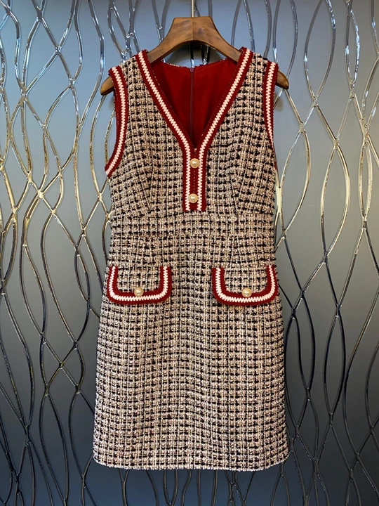 Early Autumn New Girl Stripe Knitted Symmetrical Pocket Sleeveless Fabric Dress 901