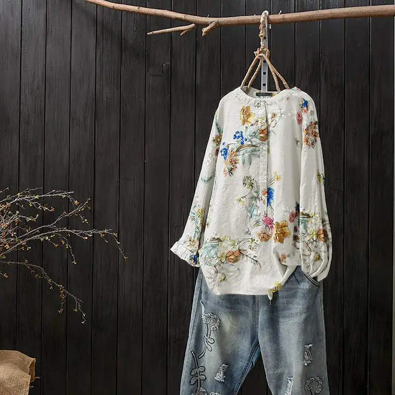 ZANZEA/Осенняя рубашка с длинными рукавами для женщин; винтажная туника с цветочным принтом; топы; Femme Robe; Повседневная Блузка для работы; Chemise; большие размеры - Цвет: Белый