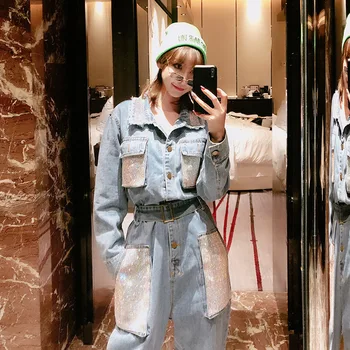 

Korea 2020 Spring New Rhinestone Pocket Lapel Old Denim Jumpsuit Female Loose High Waist Casual Pants B555