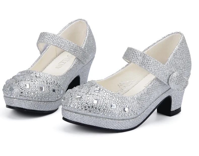 Детская обувь принцессы для девочек; сандалии на высоком каблуке; блестящая обувь со стразами; Enfants Fille; женские вечерние модельные туфли - Цвет: Серебристый