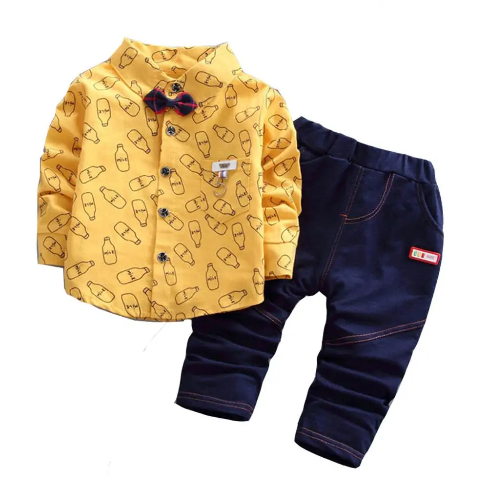 4Y Baby Boys Long Sleeve Gentleman Suit For Boys Children Clothing Bottle Pattern Shirts+Pants Suits Set - Цвет: 4Y