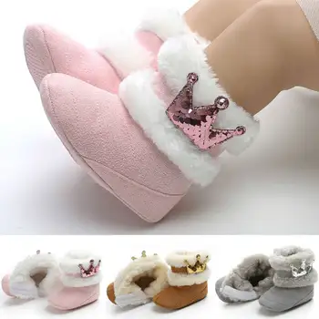 

Winter Warm Newborn Baby Girls Snow Boots Princess Sequin Crown Cashmere Plush Crib Shoes Toddler Infant Kids Soft Furry Boots