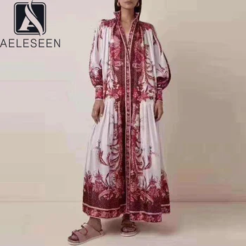 

AELESEEN Runway Fashion Plus Size Dress 2020 Spring Summer Long Lantern Sleeve Red Flower Print Blue Elegant Party Maxi Dress