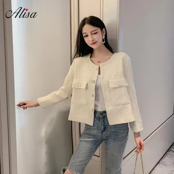 

Women Autumn Winter Casual Short Coat 2019 New Fashion Female Solid O-neck Long Sleeves Big Pocket Single Breasted Outerwear