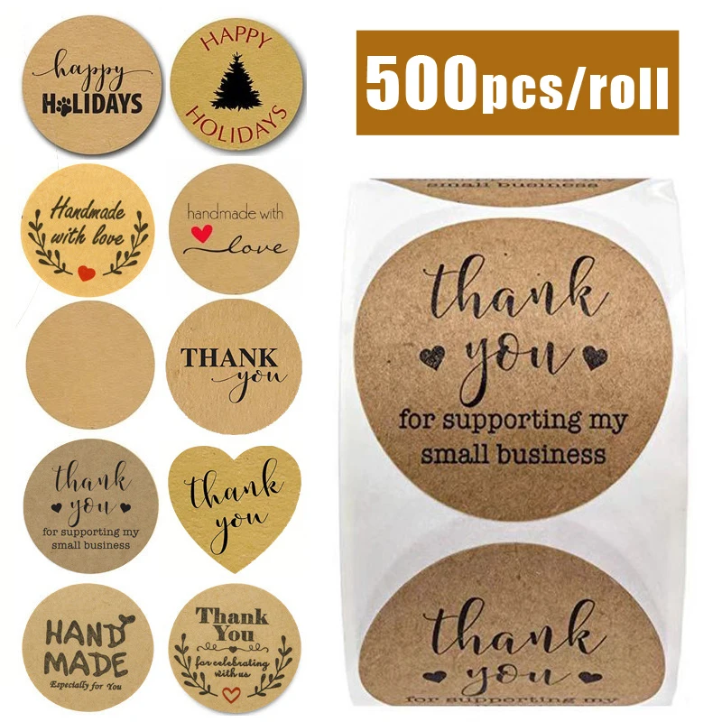 500pcs/roll Kraft Paper Handmade Sticker Thank You Stickers Seal Labels Round Food for Supporting My Small Business 1 5inch spicy stickers grocery store food warning spicy labels adhesive stickers for small supermarkets in snack shops 500pcs