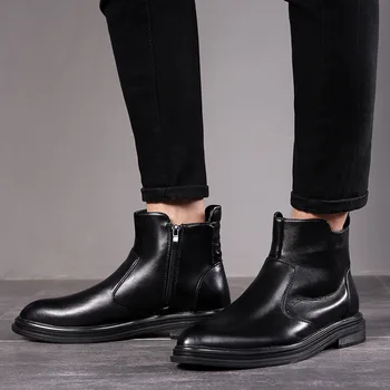 

plus size men's luxury fashion genuine leather boots black business office formal dress shoes point toe ankle boot chelsea botas