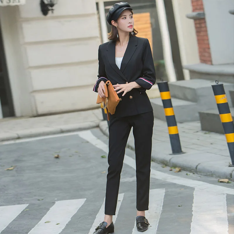 Осенний женский костюм брюки 2 комплекта классическая версия новая Корейская версия повседневные офисные женские костюмы черный - Цвет: Black