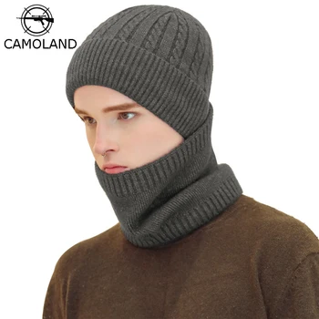 

CAMOLAND Winter Warm Knitted Skullies Beanies Hat For Men Women Plus Velvet Scarf Set Male Balaclava Bonnet Knitted Hat Skullcap