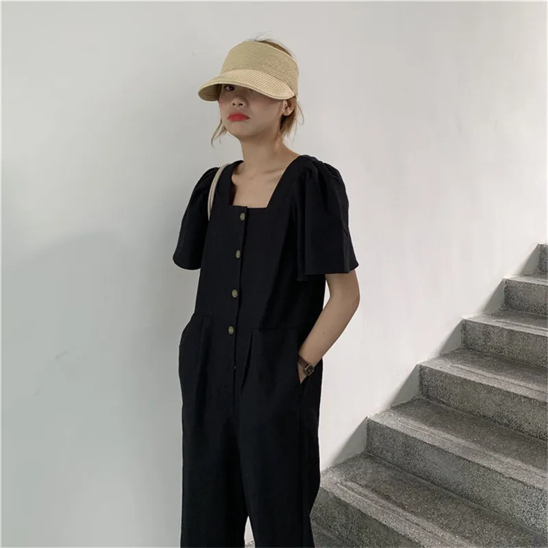 Limiguyue women plus size jumpsuit short sleeve square neck single breasted loose casual beach women romper femme vintage Y214