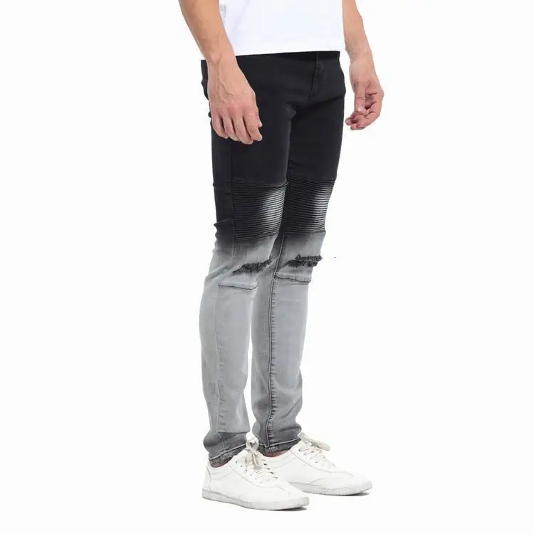 Moomphya/Для мужчин проблемных рваные байкерские джинсы градиент цвета в стиле хип-хоп узкие джинсы черный цвет, для мужчин джинсы