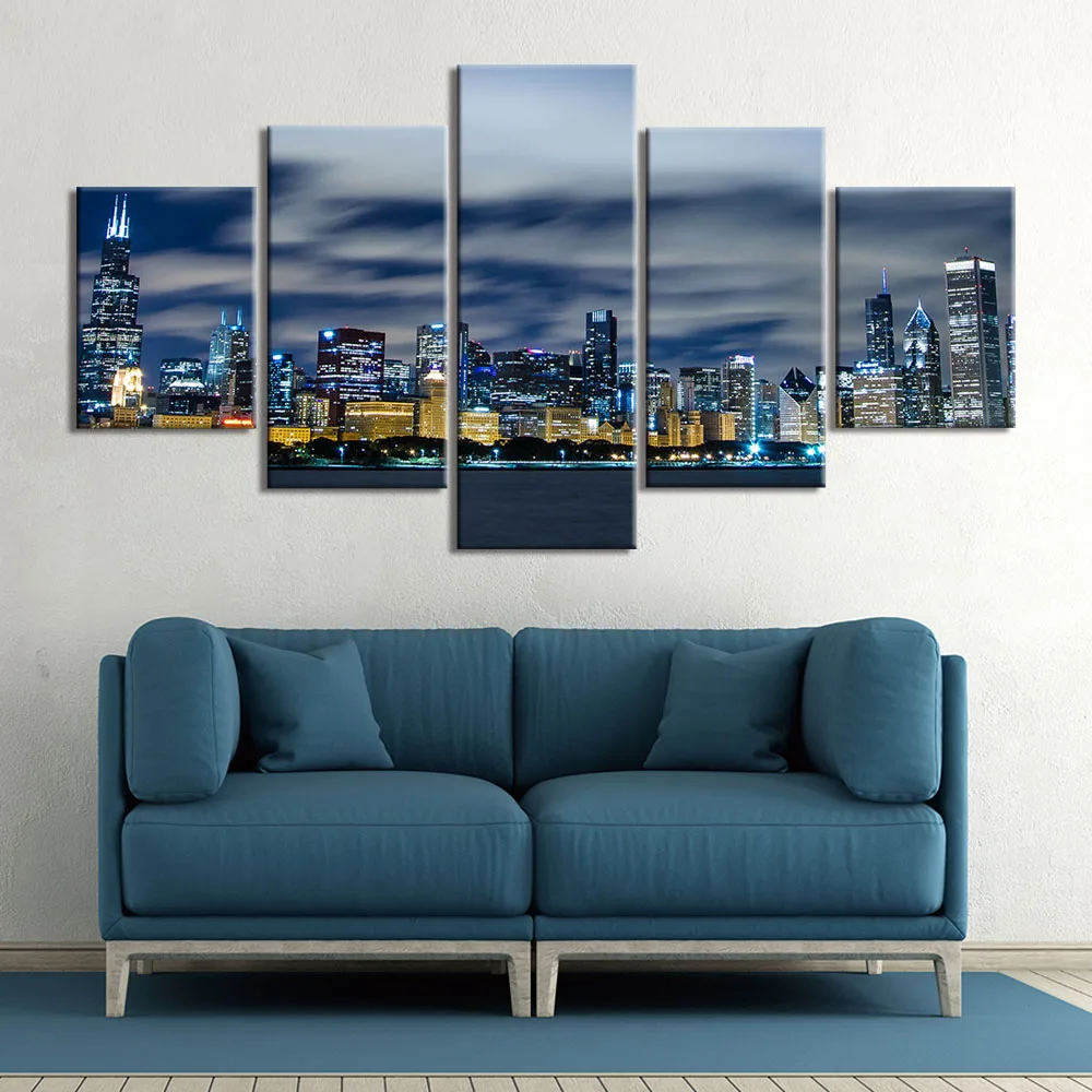 

No Framed 5Pcs Landscape Chicago Skyline Wall Art Canvas Posters Picture Paintings Home Decor Accessories Living Room Decoration