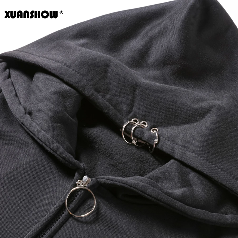  XUANSHOW 2019 Women Hoodies Gothic Punk Iron Ring Sweatshirts Autumn Winter Long Sleeve Zip-up Blac