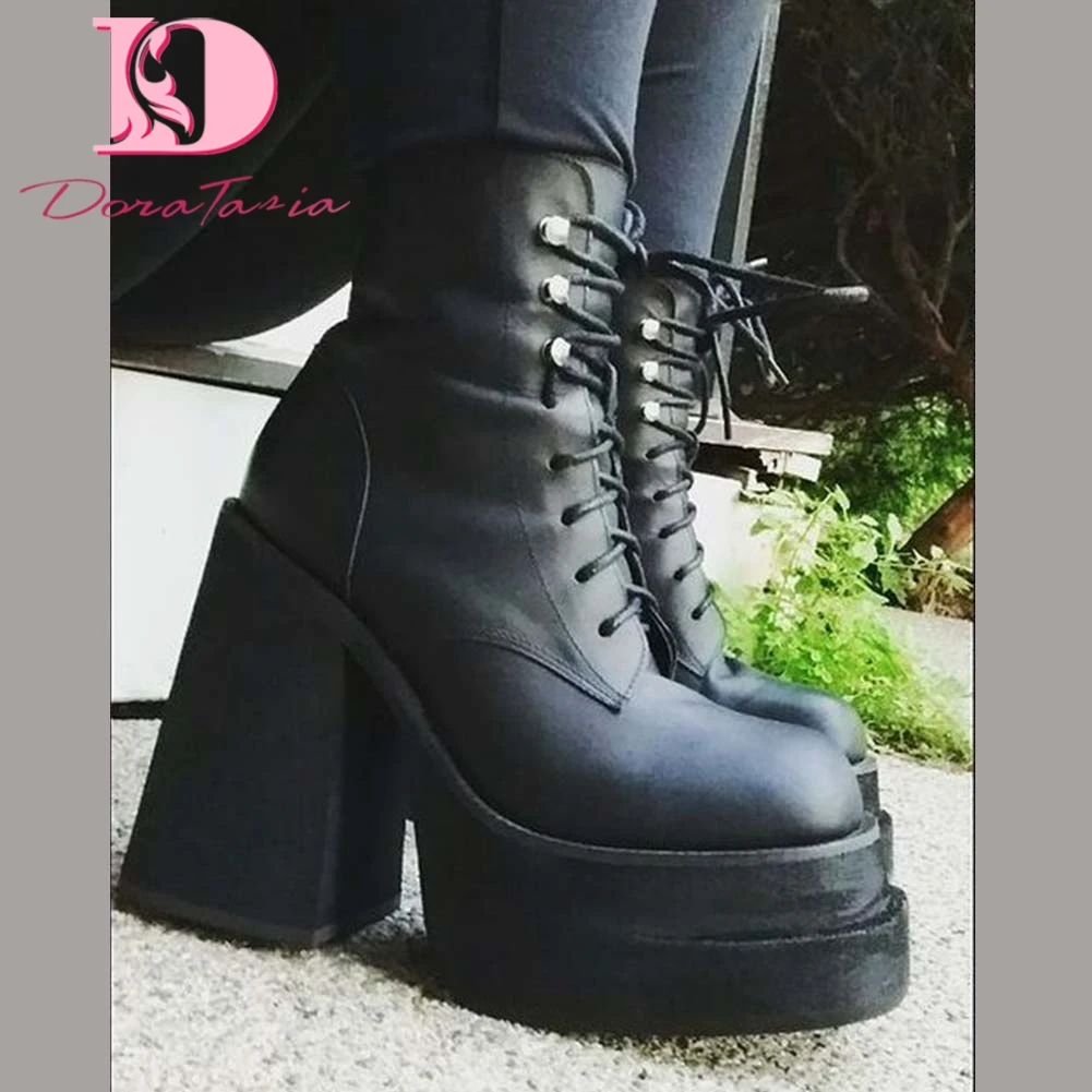 

DoraTasia Genuine Real Leather Women Ankle Boots Platform Chunky High Heels Motorcycle Boots Gothic Punk Street Fashion Shoes