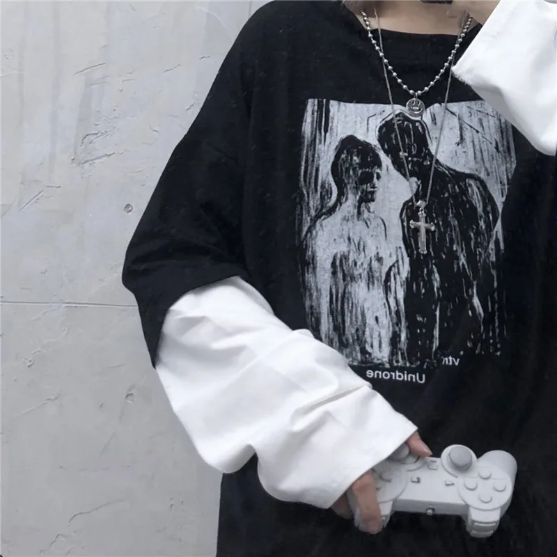 Lychee Harajuku/женская футболка с принтом персонажа, топ, футболка, пэчворк, вырез лодочкой, женские футболки, поддельные 2 штуки, женские футболки, топы, футболки