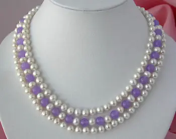 

3strands 7-8MM white round freshwater akoy pearl 8MM jade necklace 17-19"AA