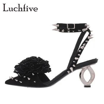 

High street fashion high heels metal strange heel flower decor pointed toe slingbacks punk style studed pumps shoes women
