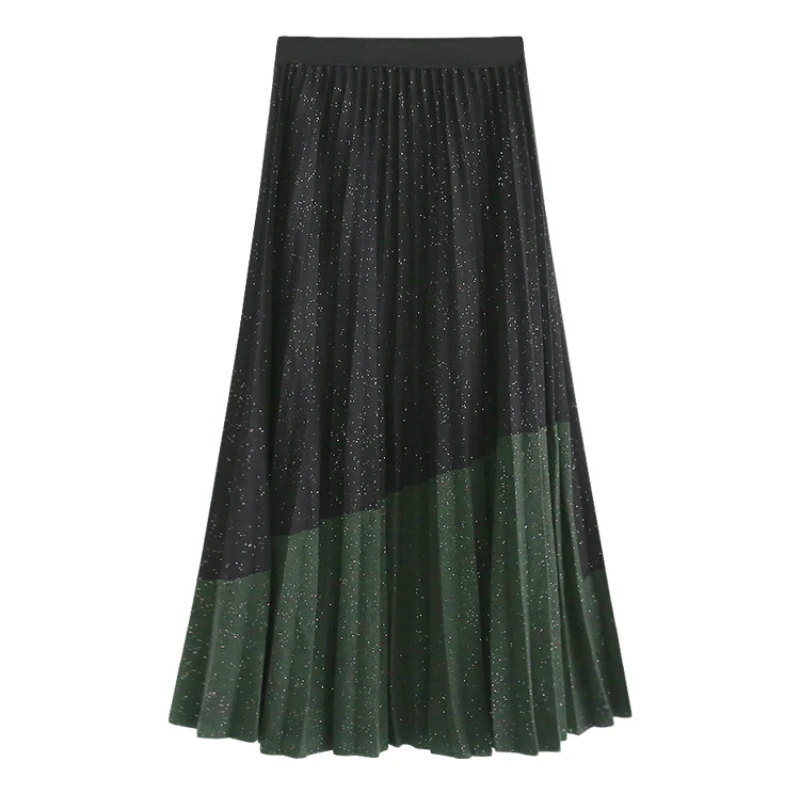 Зимние толстые твидовые металлические гофрированные длинные юбки, полушерстяные контрастные Цветные Лоскутные трапециевидные длинные юбки до щиколотки - Цвет: black with green