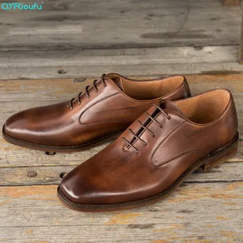 

QYFCIOUFU Fashion Genuine Leather Men Oxford Shoes Lace Up Casual Business Men Shoes Square Toe Shoes Flats Dress Shoes For Men