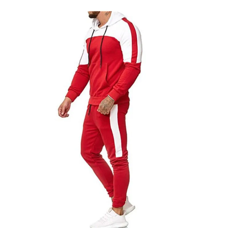 Men's Autumn Hoodie Gym Exercise Patchwork Suit Joggers Outdoor Running Suit Sport Casual Hoodie Tracksuit Men - Цвет: red  1