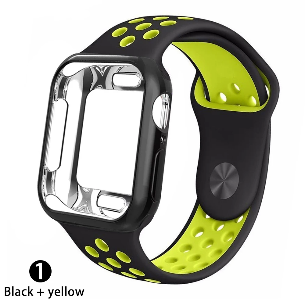 Чехол+ ремешок для apple Watch 5 ремешок 42 мм 38 мм 40 мм 44 мм спортивный силиконовый браслет для apple iwatch series 5 4 3 2 1 Аксессуары - Цвет ремешка: Black with yellow