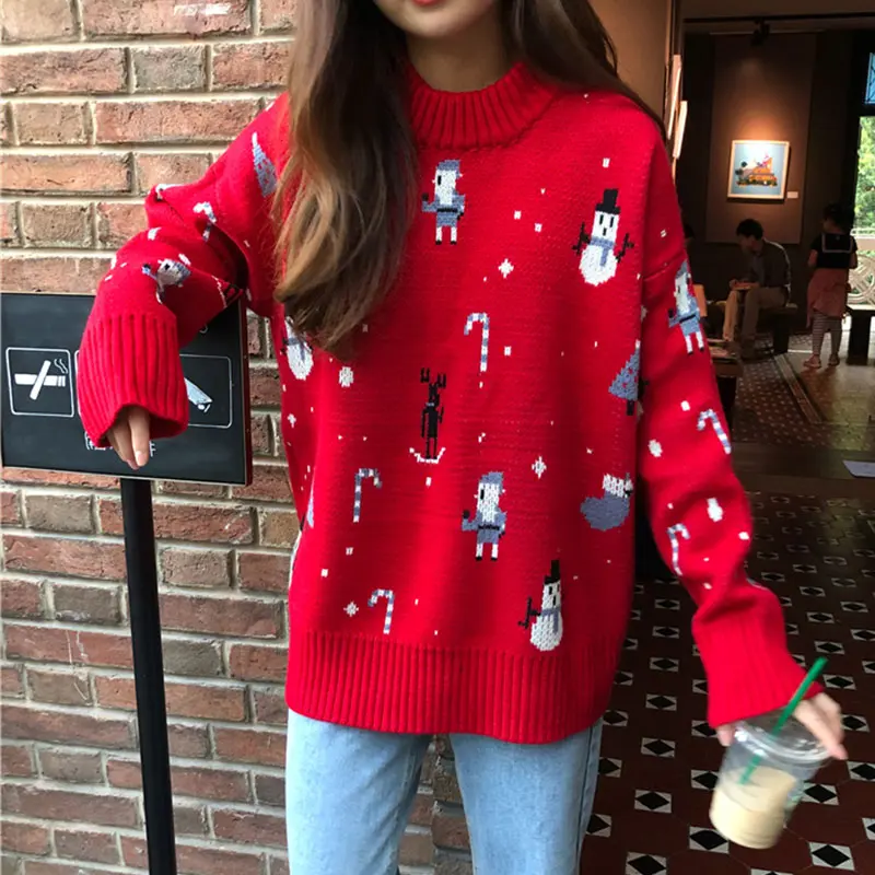 Comprar Suéter grueso de punto de Navidad muñeco de nieve para mujer Otoño Invierno cuello redondo de manga larga Jersey femenino suelto renos señoras jerseys